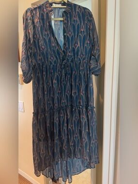 Women's Teal Patterned Tiered Midi Dress - Brand Flamant Rose